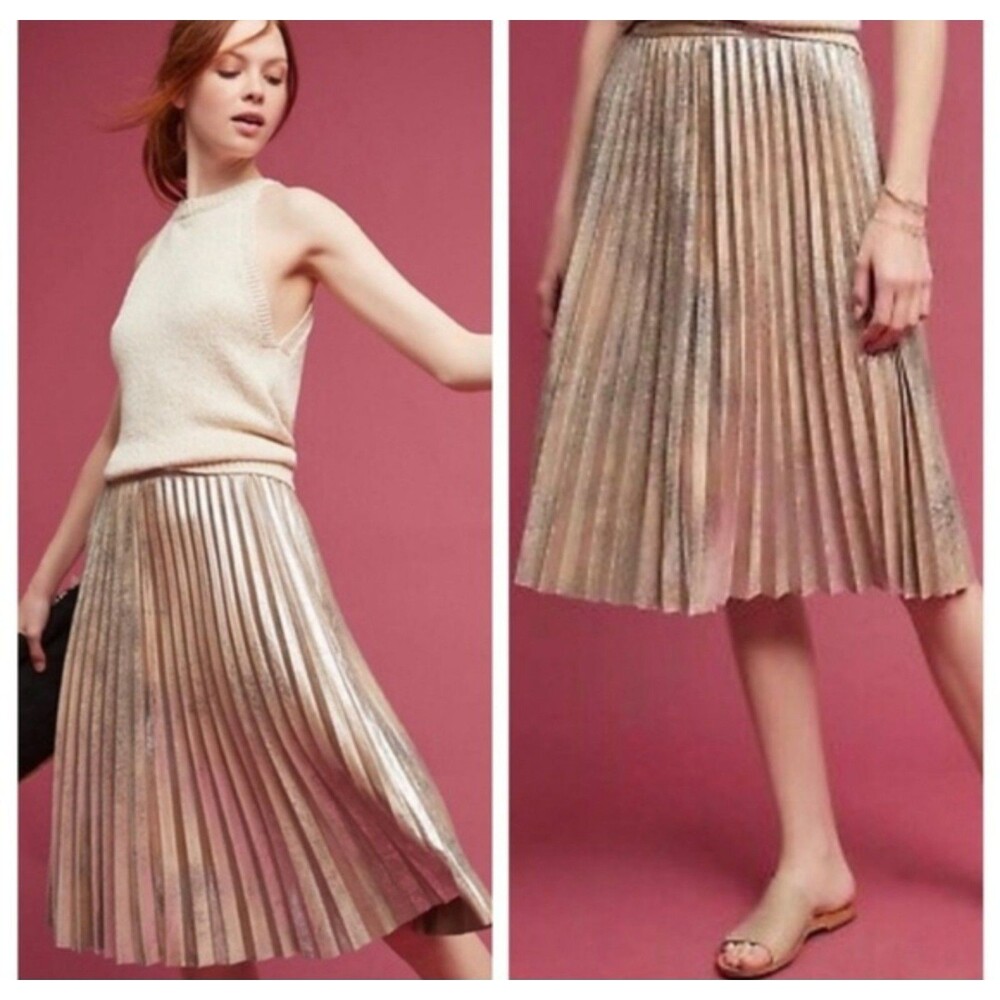 Maeve Shiny Silver Metallic Pleated Midi Skirt Whimsical Ethereal Fairy Small
